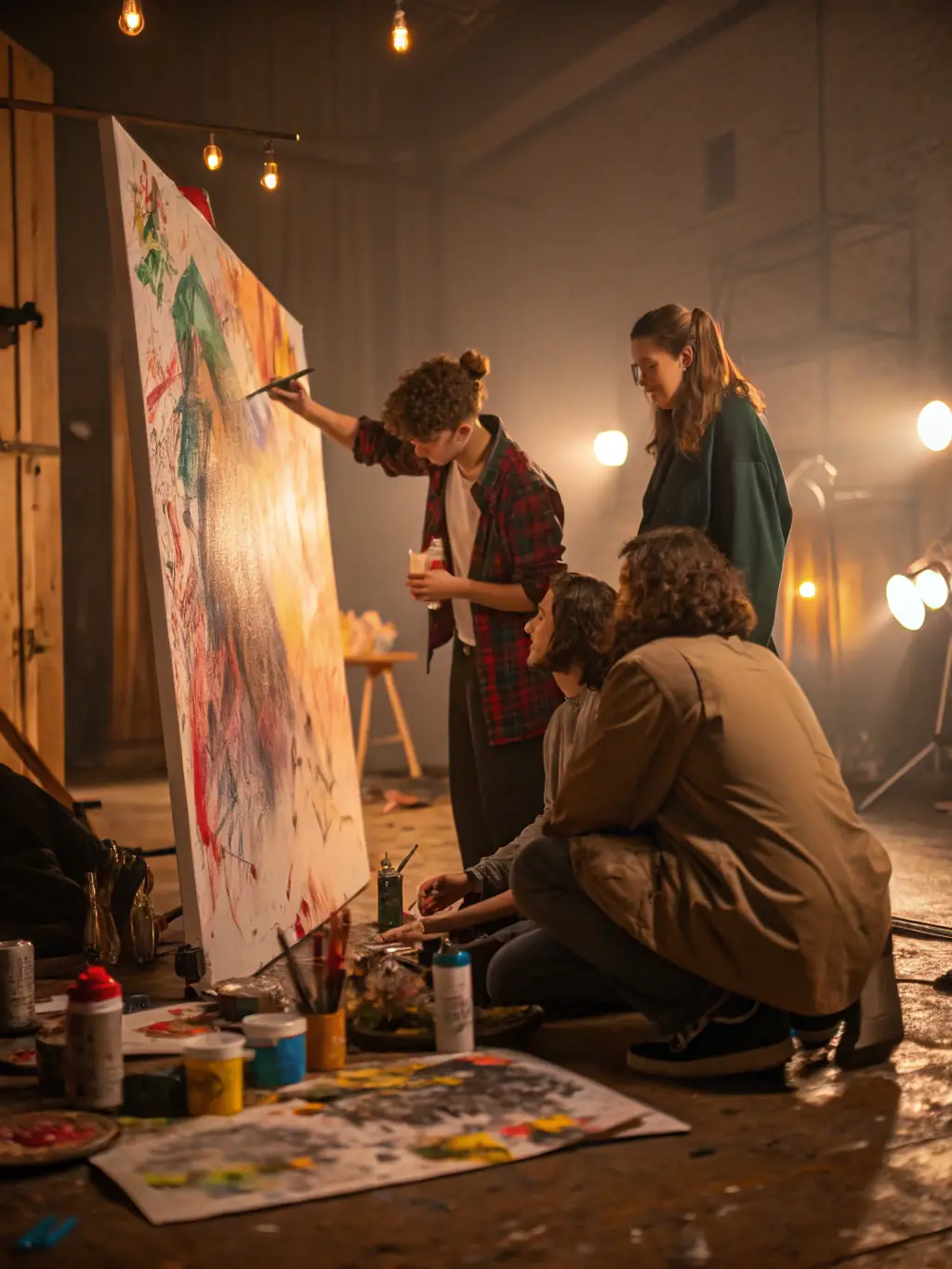 A vibrant photograph capturing artists actively engaged in a collaborative painting workshop at COLLECTIF ART'YSTRIA, showcasing the hands-on learning experience and creative atmosphere.