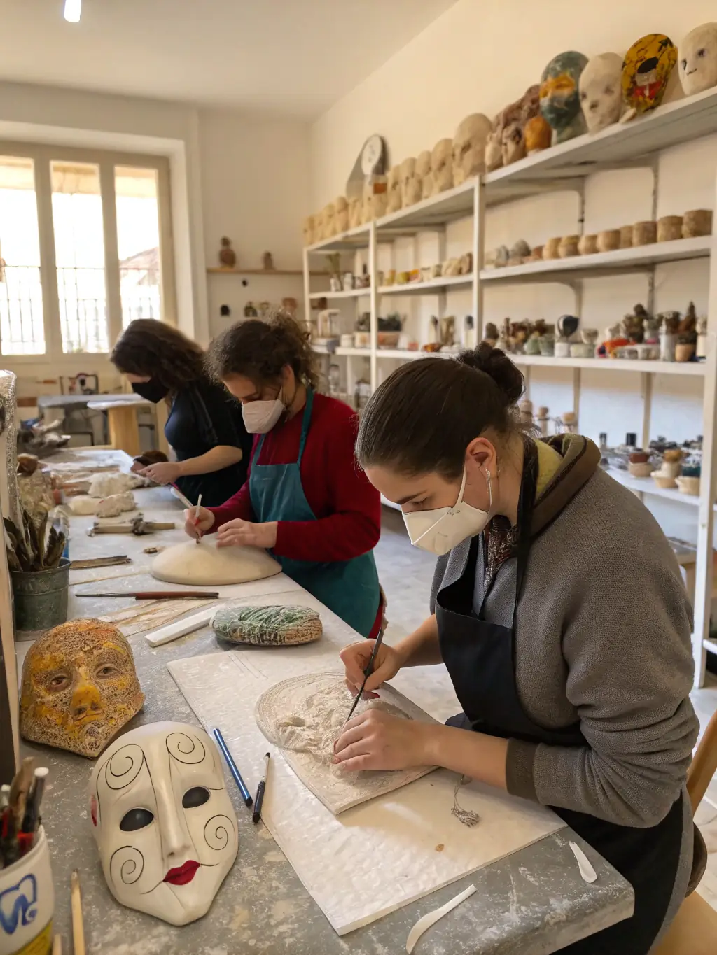 A photo of artists working on sculptures during a sculpture workshop at COLLECTIF ART'YSTRIA, highlighting the tactile and three-dimensional aspect of art creation.