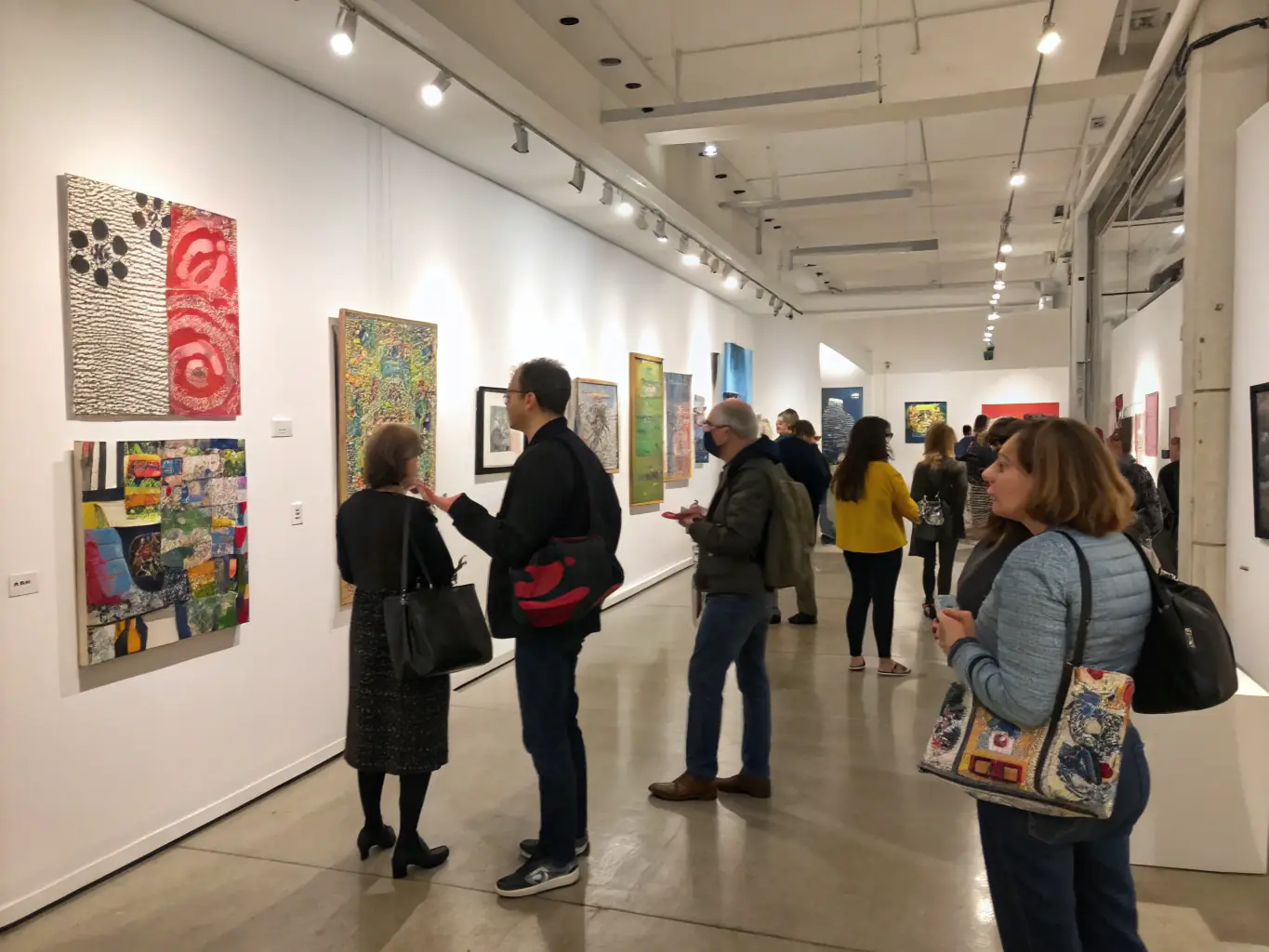 A photograph showcasing a recent art exhibition organized by COLLECTIF ART'YSTRIA, featuring a diverse collection of contemporary artworks and a crowd of attendees appreciating the art. The gallery space is well-lit and inviting, creating an immersive experience for visitors.