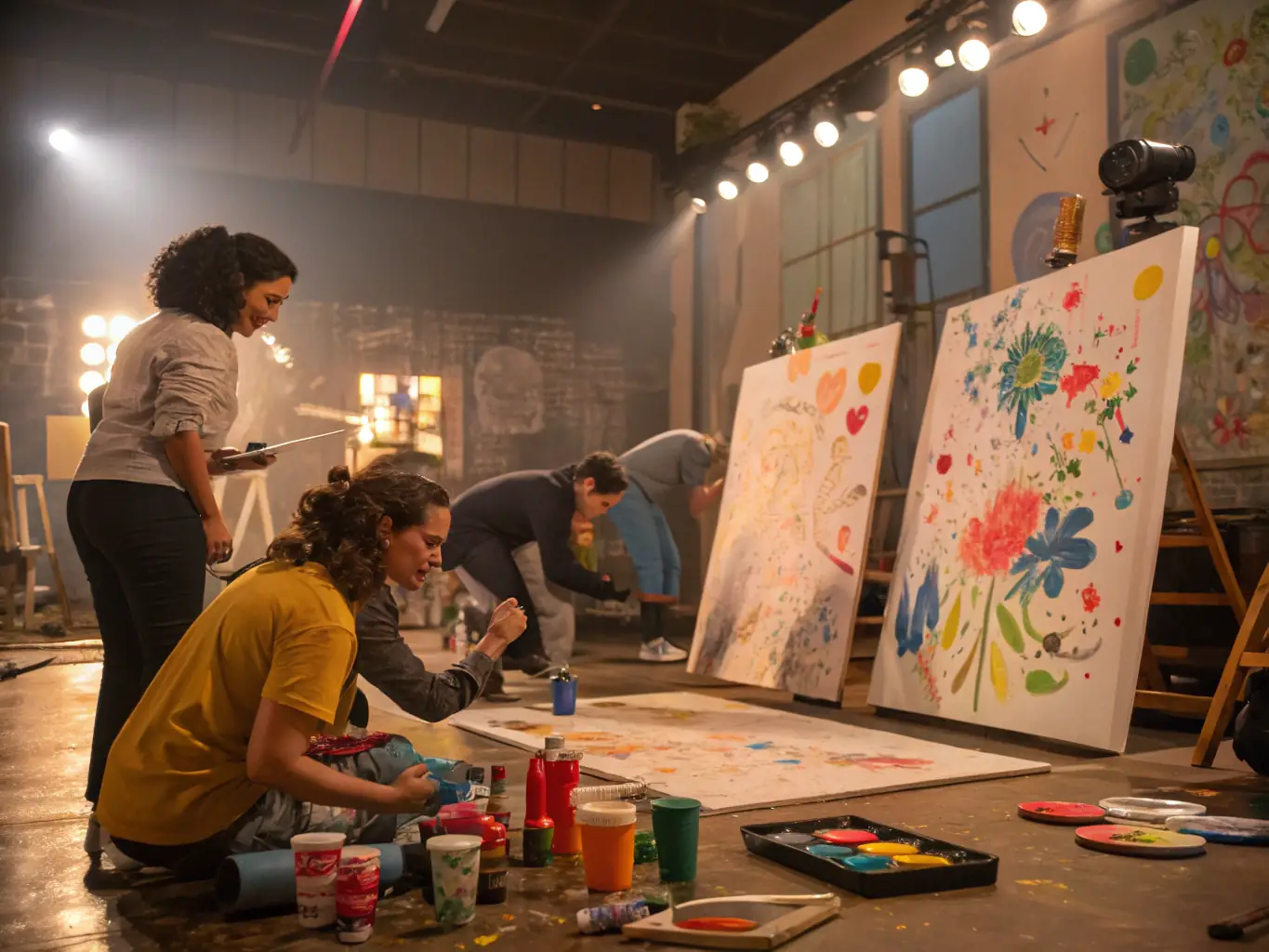 A photograph capturing a vibrant art workshop in progress, with participants actively engaged in creating their own artworks under the guidance of an instructor. The setting is a bright, open studio space filled with art supplies and creative energy.