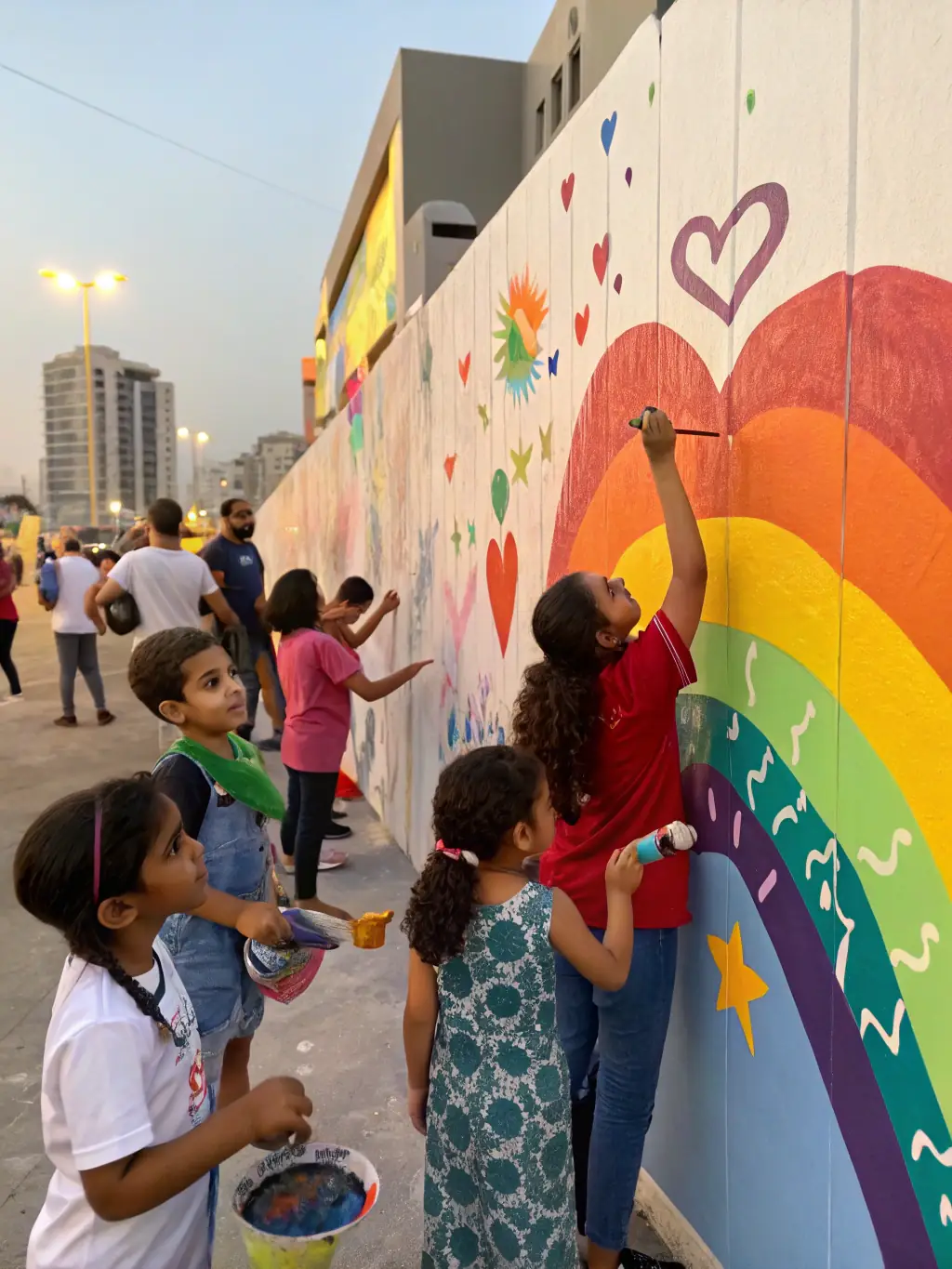 A photograph of a community art project led by COLLECTIF ART'YSTRIA, showing participants of all ages contributing to a large-scale mural.