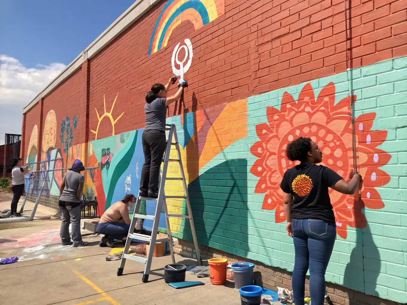 A photograph capturing a community art project in action, with volunteers and artists collaborating on a large-scale mural in a public space. The mural depicts colorful and inspiring imagery, reflecting the collective's commitment to community engagement and artistic expression.